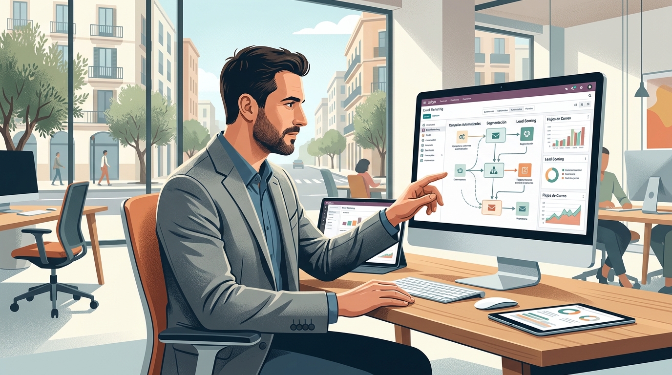 Consultor de partner Odoo revisando flujos de automatización de marketing en pantalla con interfaz del módulo Email Marketing de Odoo en oficina moderna española