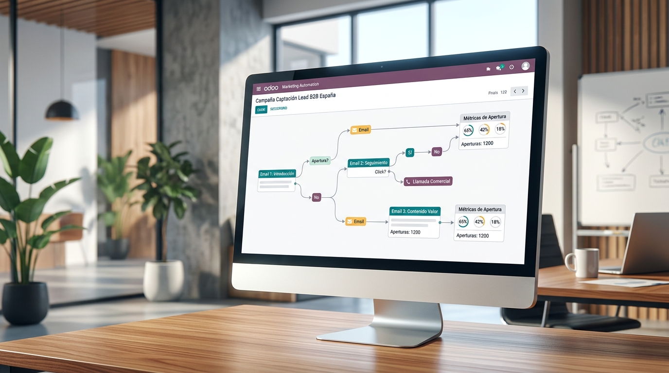 Pantalla del módulo Marketing Automation de Odoo mostrando un flujo de secuencia de emails con bifurcaciones y métricas de apertura para campaña B2B española