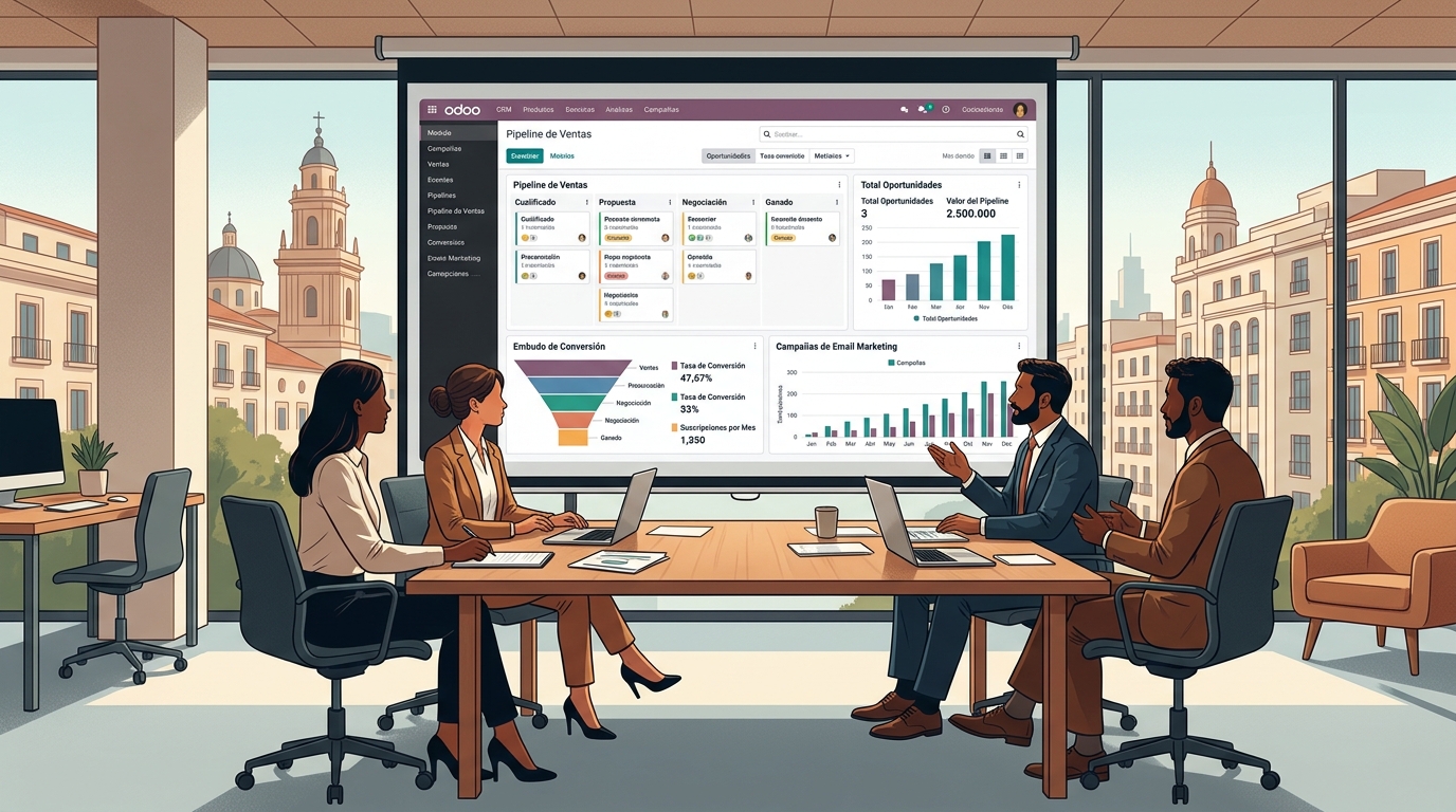 Equipo de marketing de empresa española revisando en reunión los módulos de CRM y Email Marketing de Odoo en pantalla grande con datos de pipeline visibles