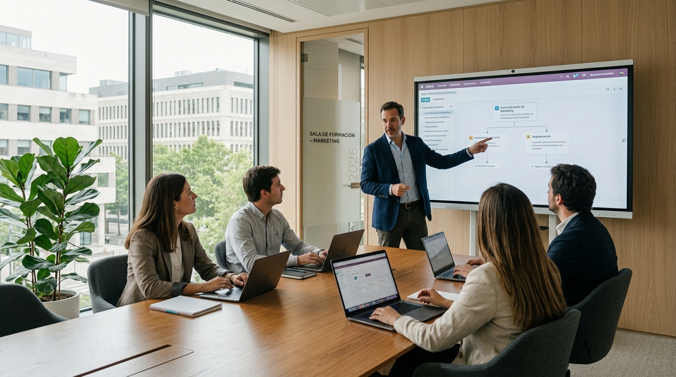 Sesión de formación presencial en empresa española donde partner Odoo explica el módulo de Marketing Automation a equipo de marketing con ordenadores y pizarra digital