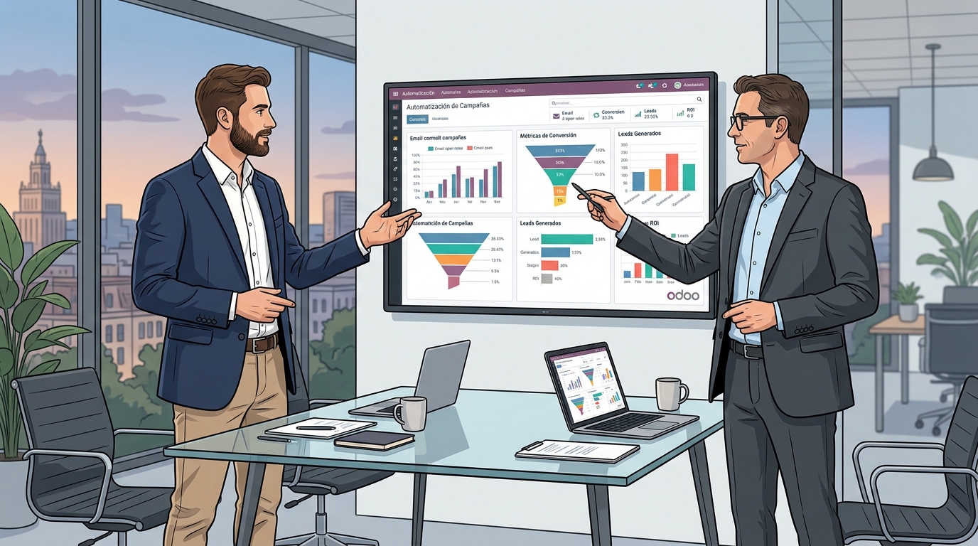 Responsable de marketing de empresa española reunido con consultor de partner Odoo revisando métricas de campañas automatizadas en dashboard de Odoo en sala de reuniones
