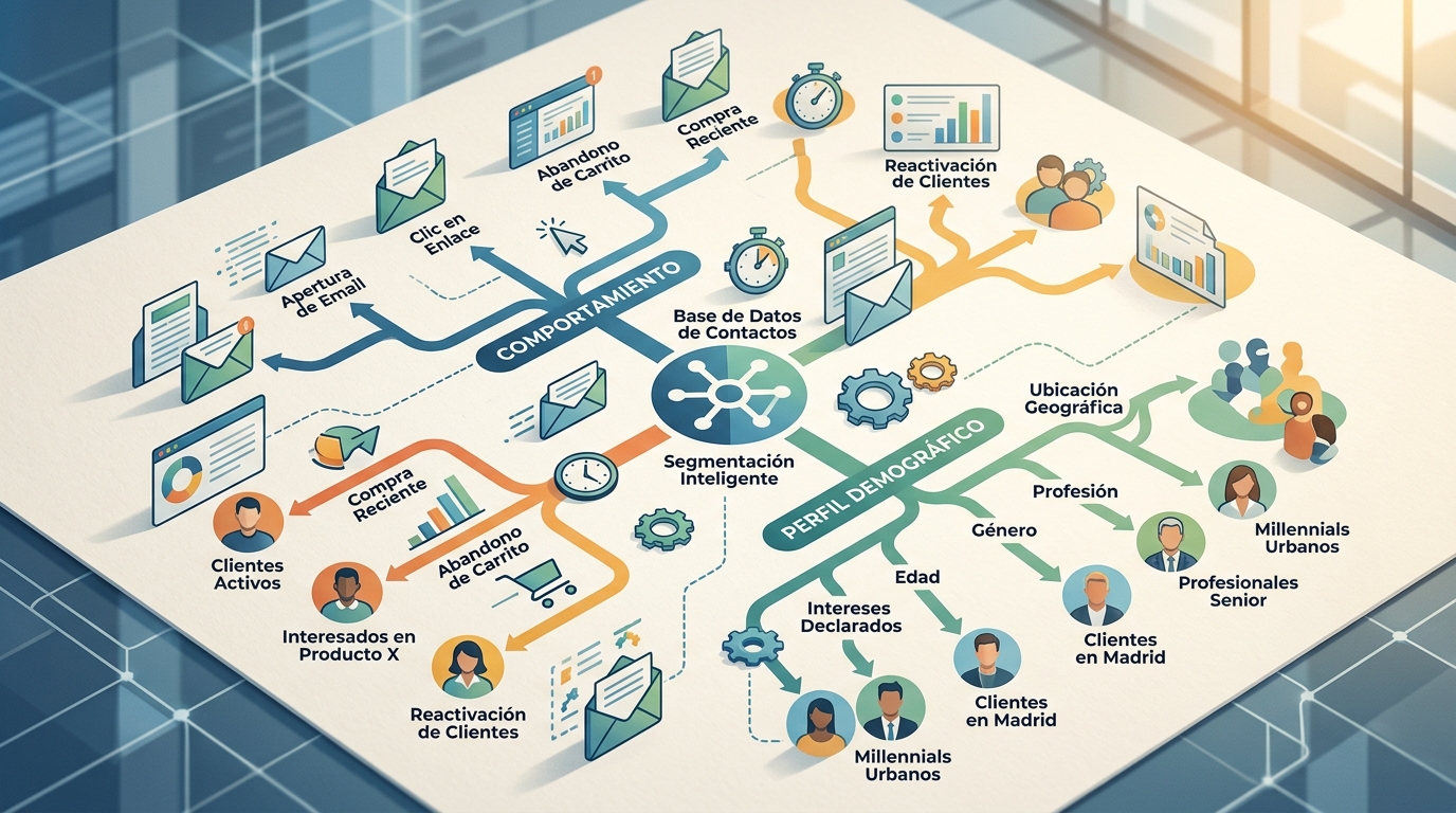 Diagrama de segmentación de contactos en plataforma de email marketing con ramas por comportamiento y perfil demográfico