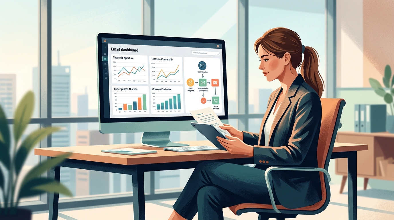 Analista de marketing revisando métricas de rendimiento de workflows de email en dashboard con gráficas de apertura y conversión