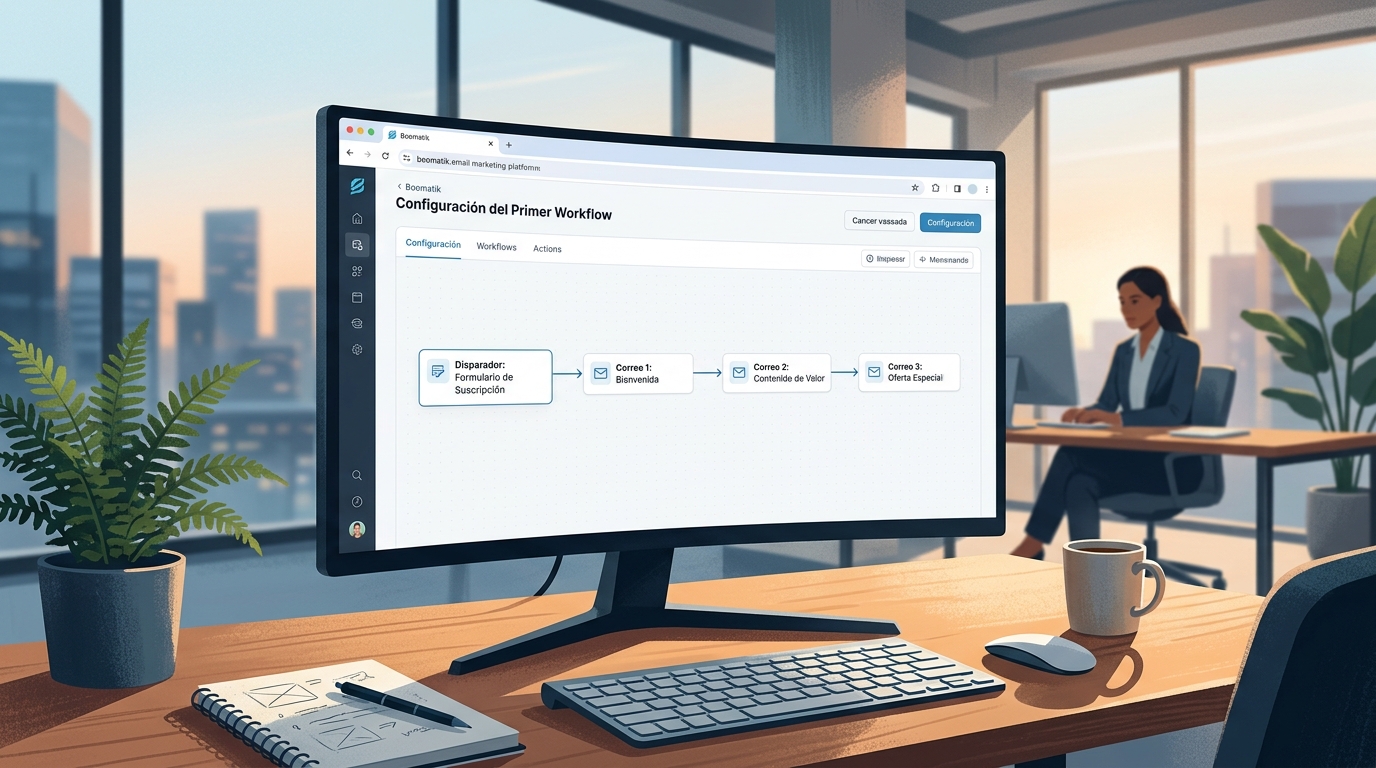 Pantalla de configuración de primer workflow de email marketing en plataforma Boomatik con disparador formulario y secuencia de correos