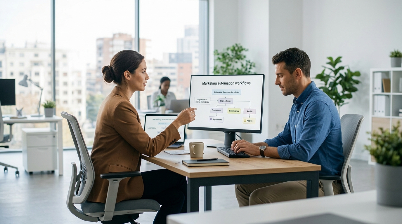Equipo interno de marketing configurando flujos de automatización en pantalla de ordenador, entorno de oficina moderno, estilo editorial corporativo