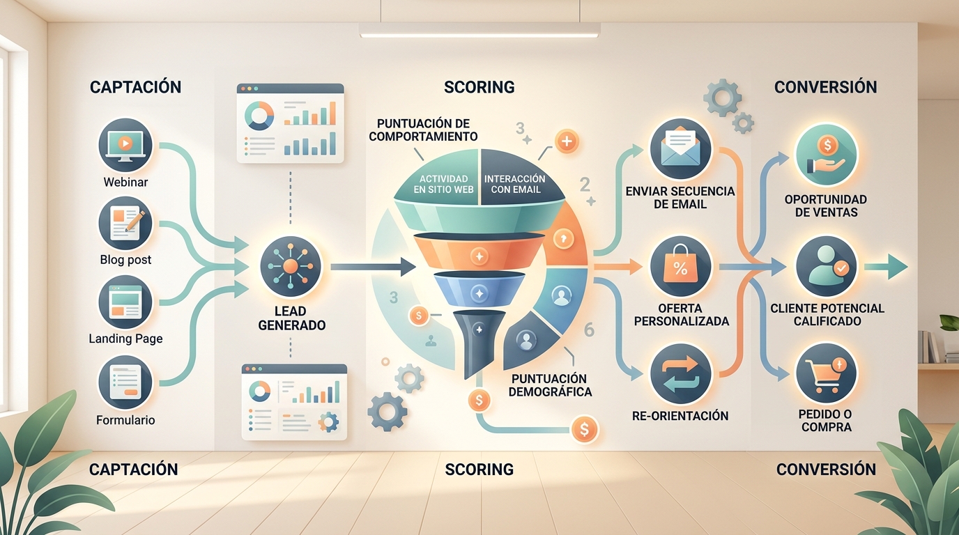 Diagrama de flujo de automatización de nutrición de leads con etapas de captación, scoring y conversión, estilo infográfico editorial limpio