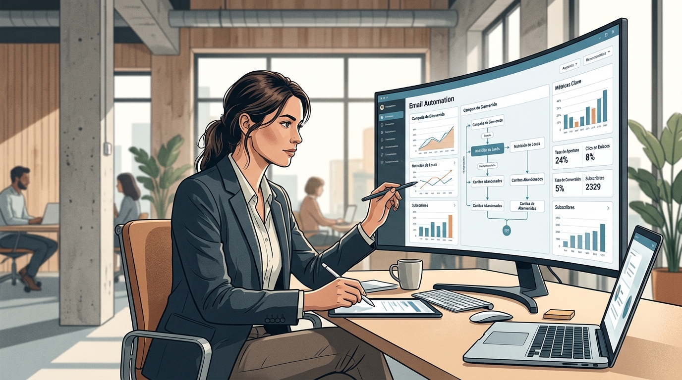 Profesional de marketing revisando métricas de un flujo de email automatizado en dashboard digital, vista de pantalla completa, estilo editorial técnico