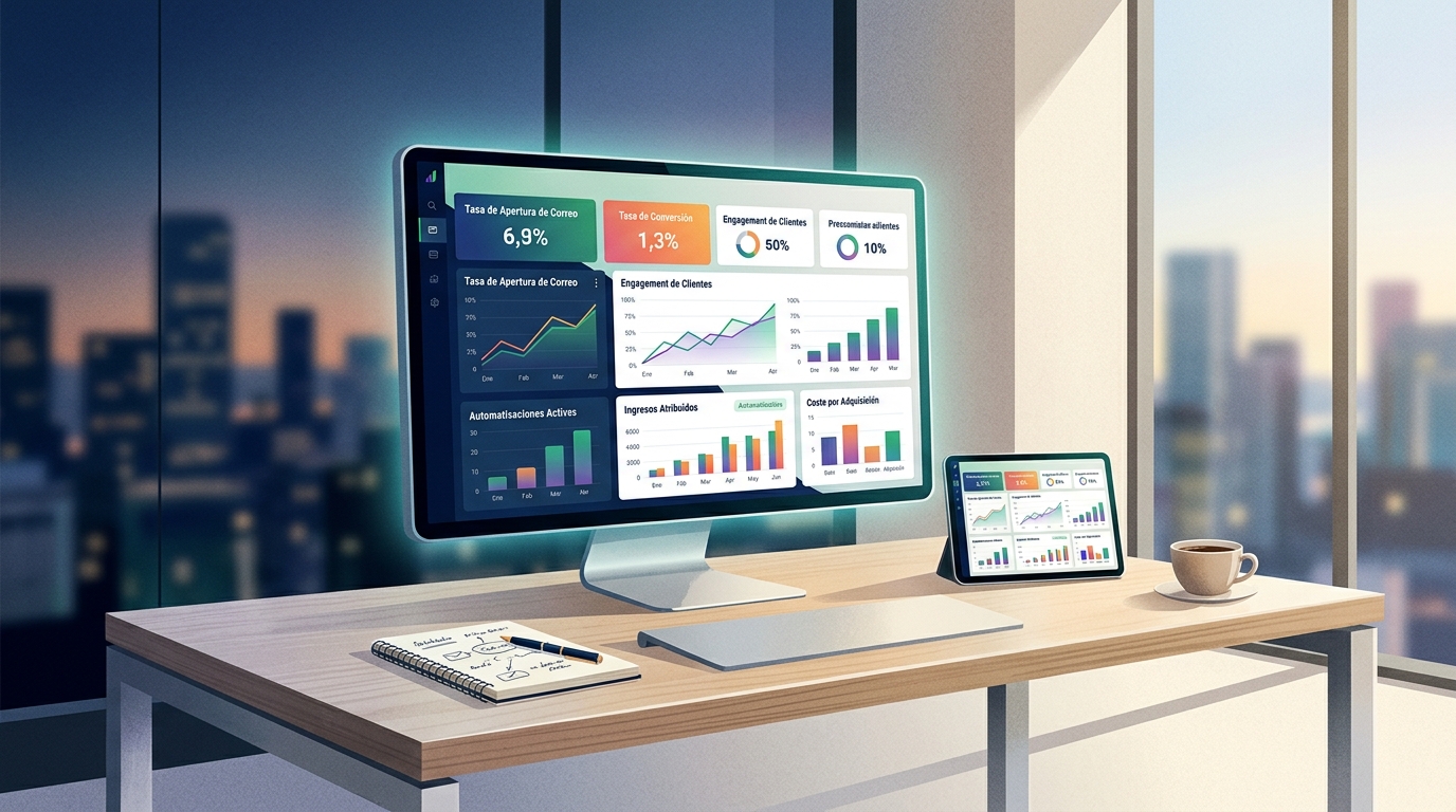 Panel de métricas de automatización de marketing con gráficas de tasa de apertura y conversión, monitor de analítica digital, estilo editorial de negocio