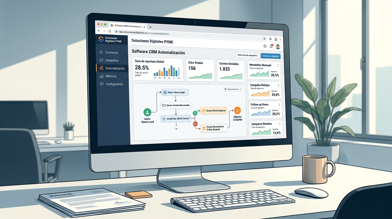 Pantalla de software CRM con panel de automatización de email marketing para pyme mostrando flujos de trabajo y métricas de apertura