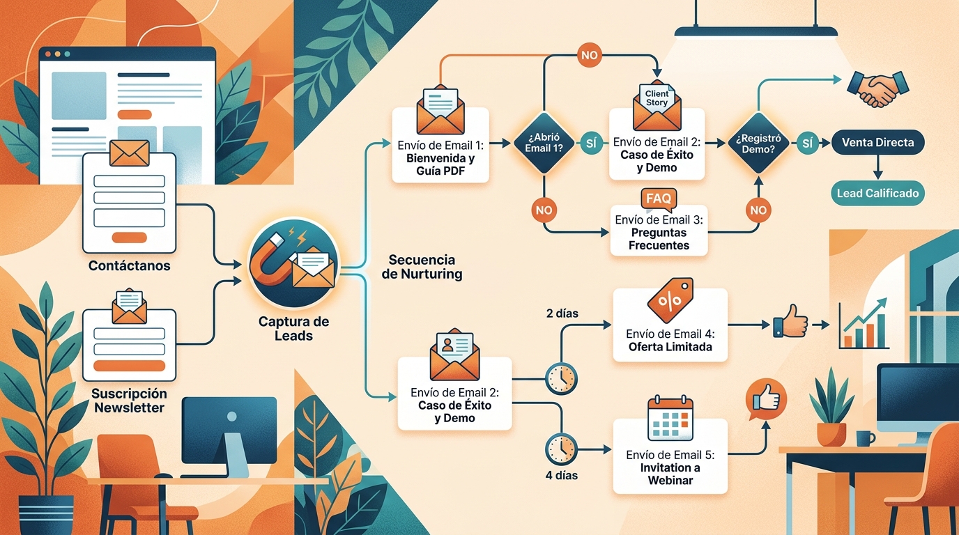 Diagrama de flujo de automatización de email en CRM pyme con disparadores web formularios y secuencias de nurturing