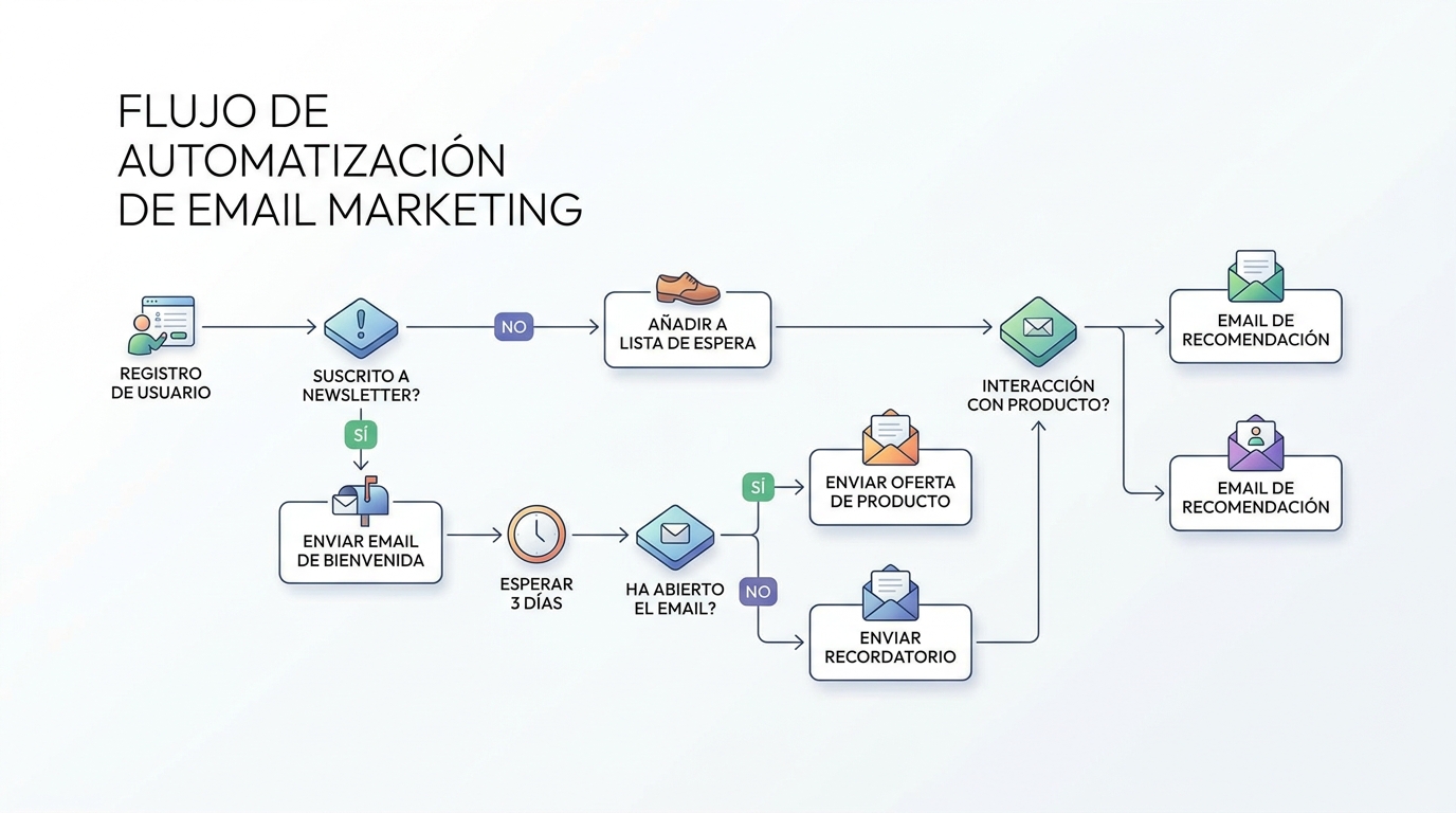 Diagrama de flujo de automatización de email marketing con nodos de condición, acción y espera sobre fondo blanco con iconografía minimalista