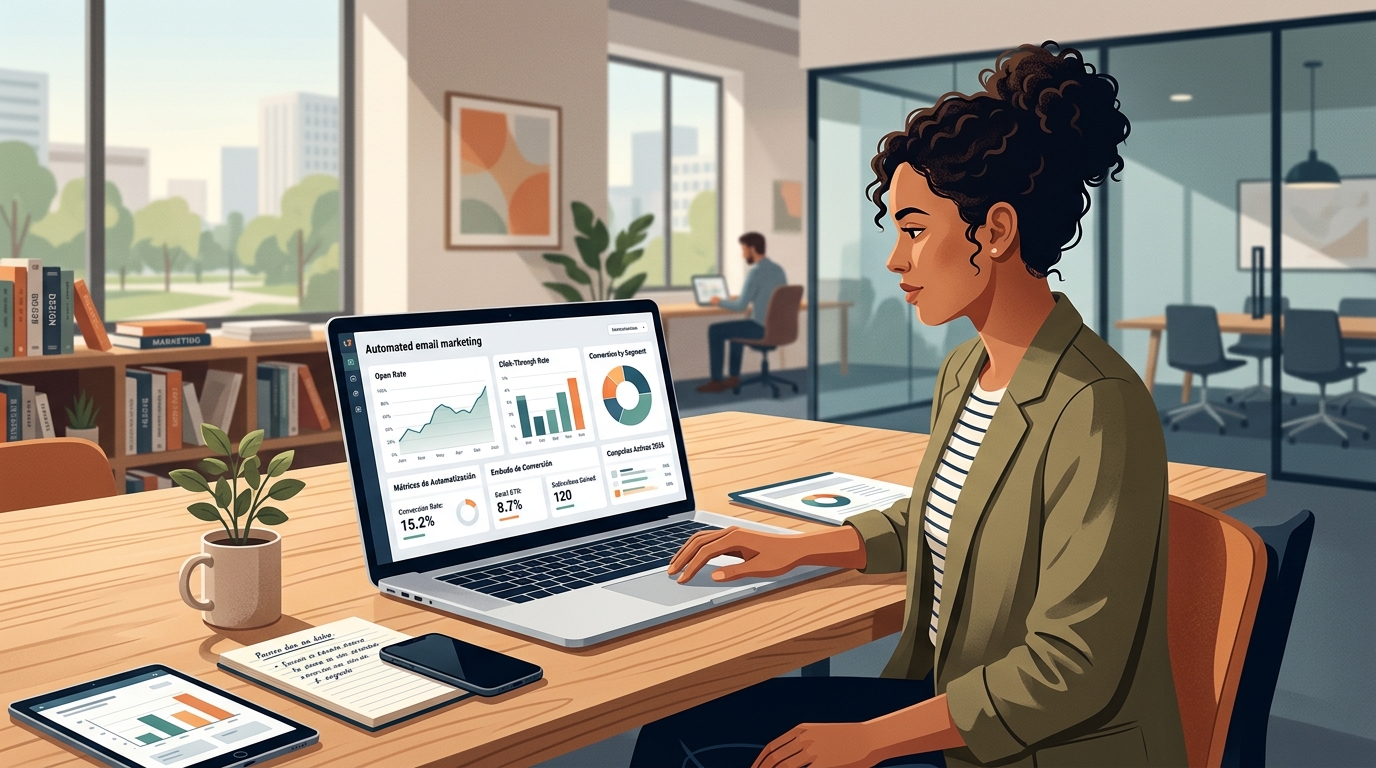 Profesional de marketing revisando métricas de email marketing automatizado en ordenador portátil sobre mesa de trabajo con gráficos de conversión visibles