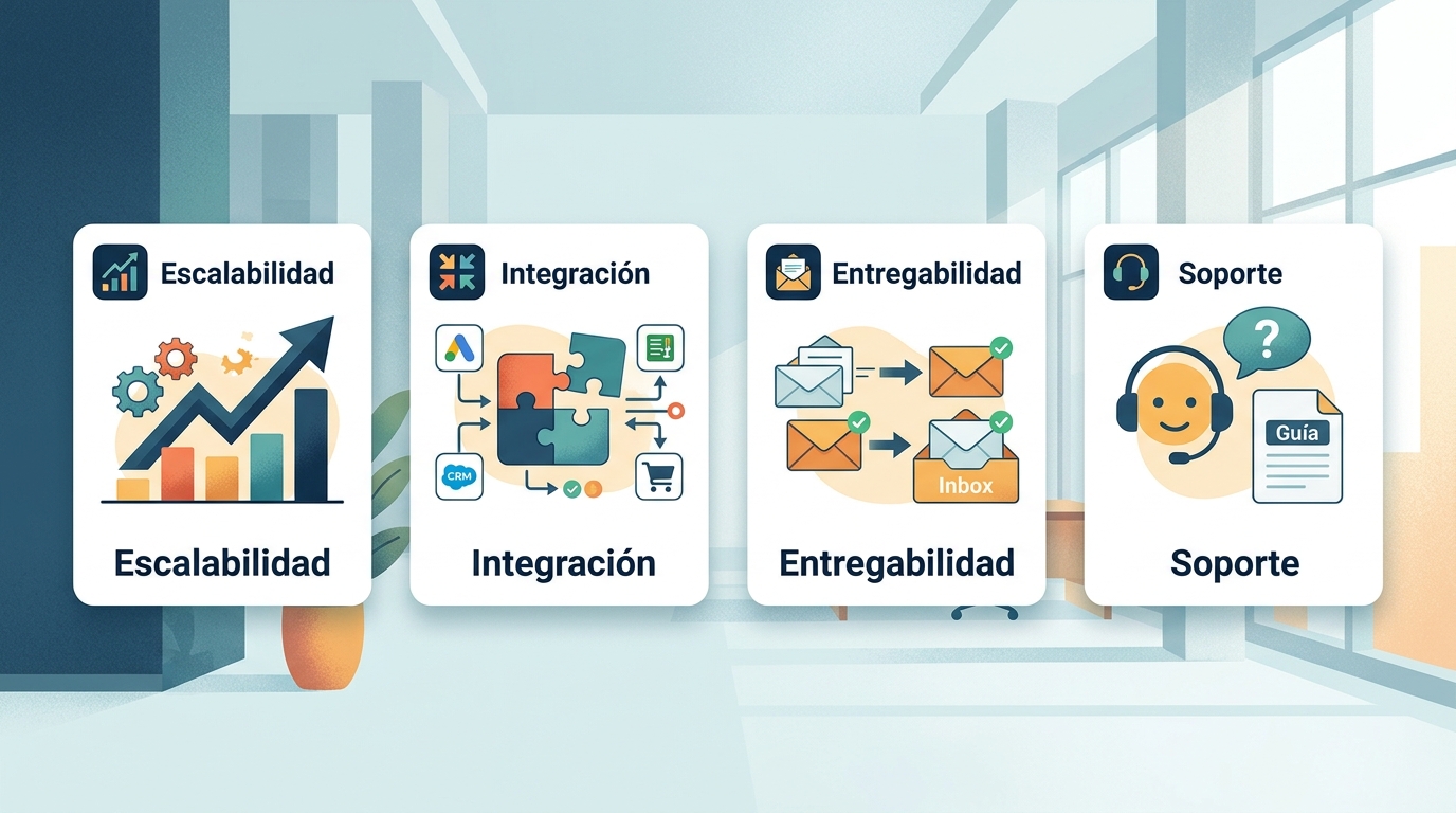 Comparativa visual de criterios de selección de herramienta email marketing automatizado con iconos de escalabilidad integracion entregabilidad y soporte sobre fondo corporativo claro
