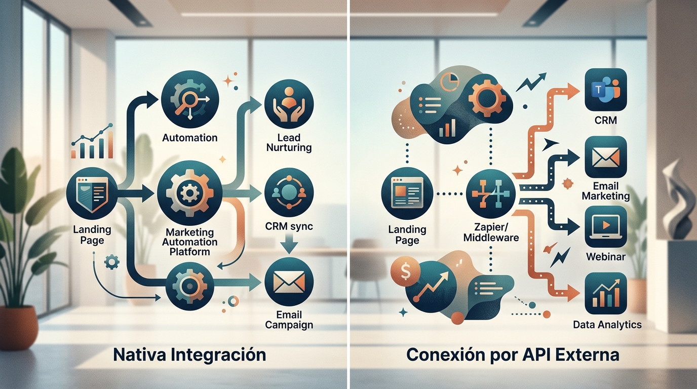 Diagrama de flujo comparando integración nativa de landing page con automation versus conexión por API externa con múltiples herramientas