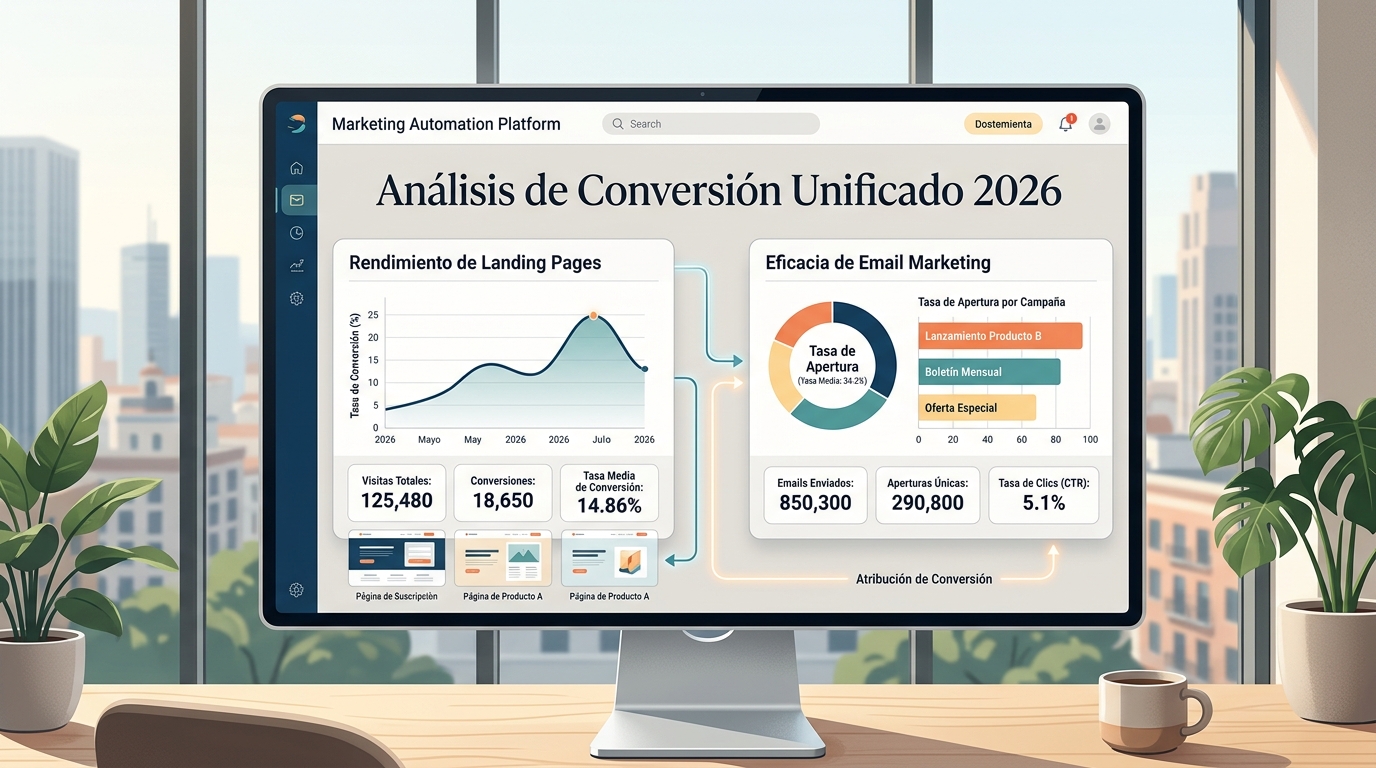 Pantalla de analítica unificada mostrando métricas de conversión de landing pages y tasas de apertura de emails en plataforma de marketing automation