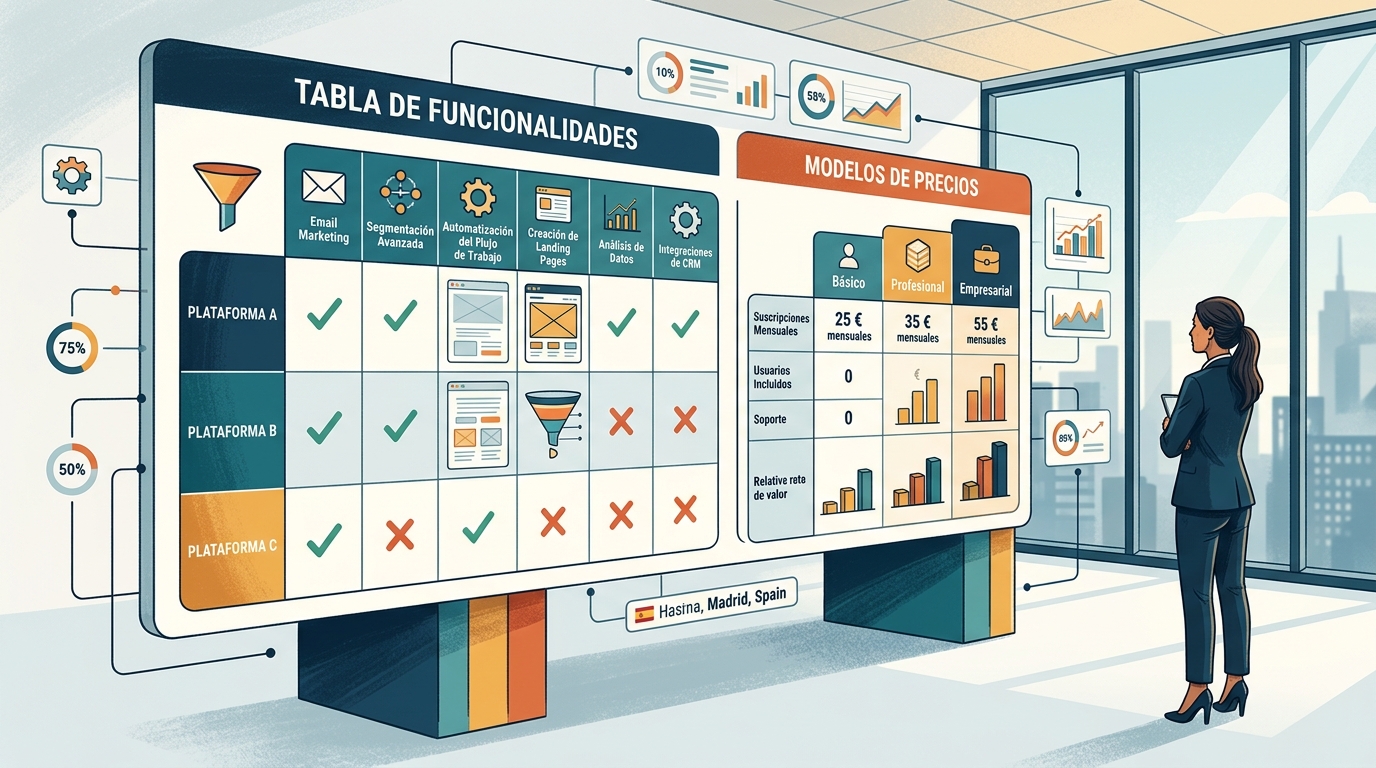 Comparación visual de criterios de selección de plataforma de marketing automation con tablas de funcionalidades y modelos de precios