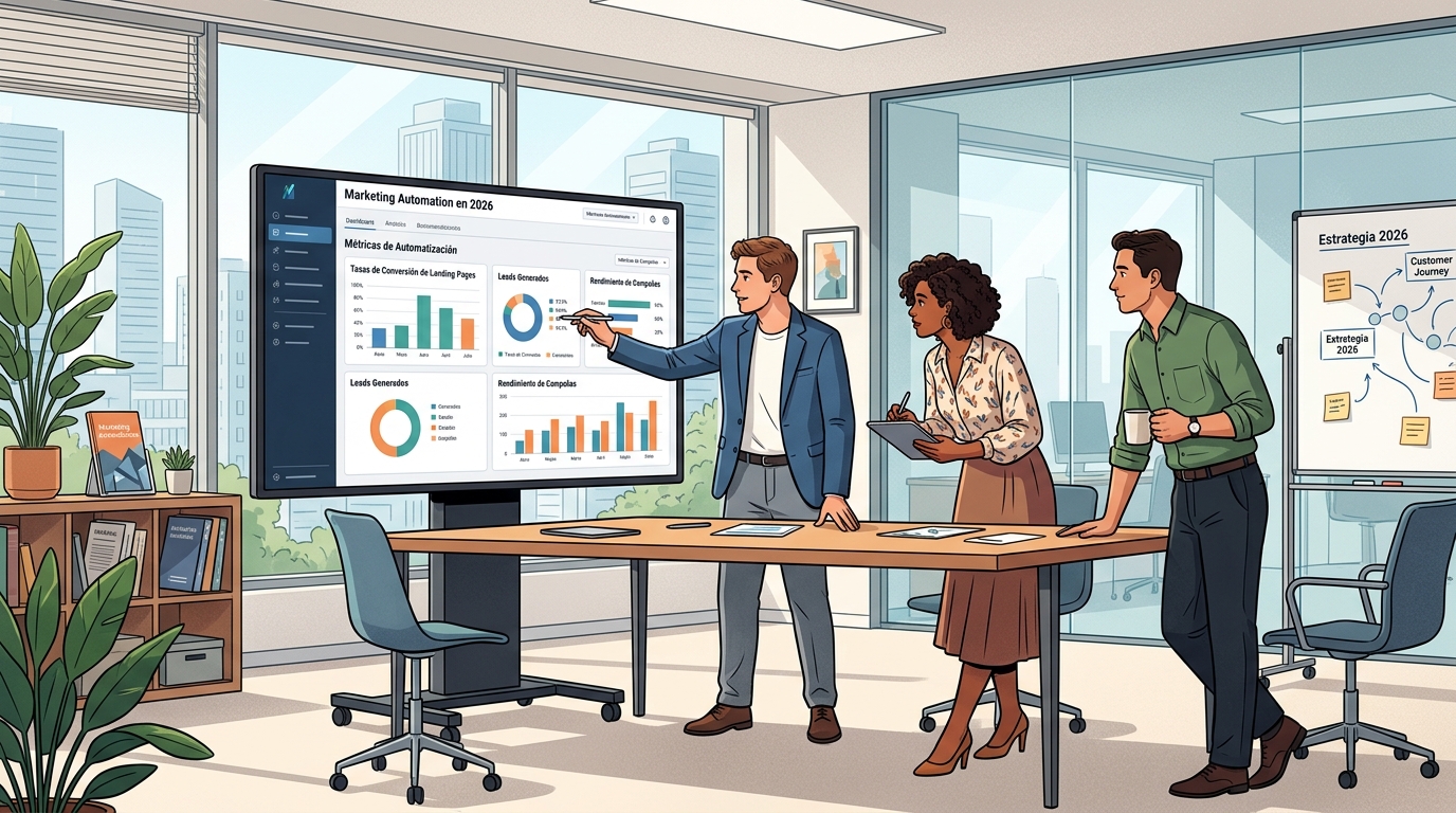 Equipo de marketing analizando métricas de automatización y tasas de conversión de landing pages en monitor de oficina con dashboard activo