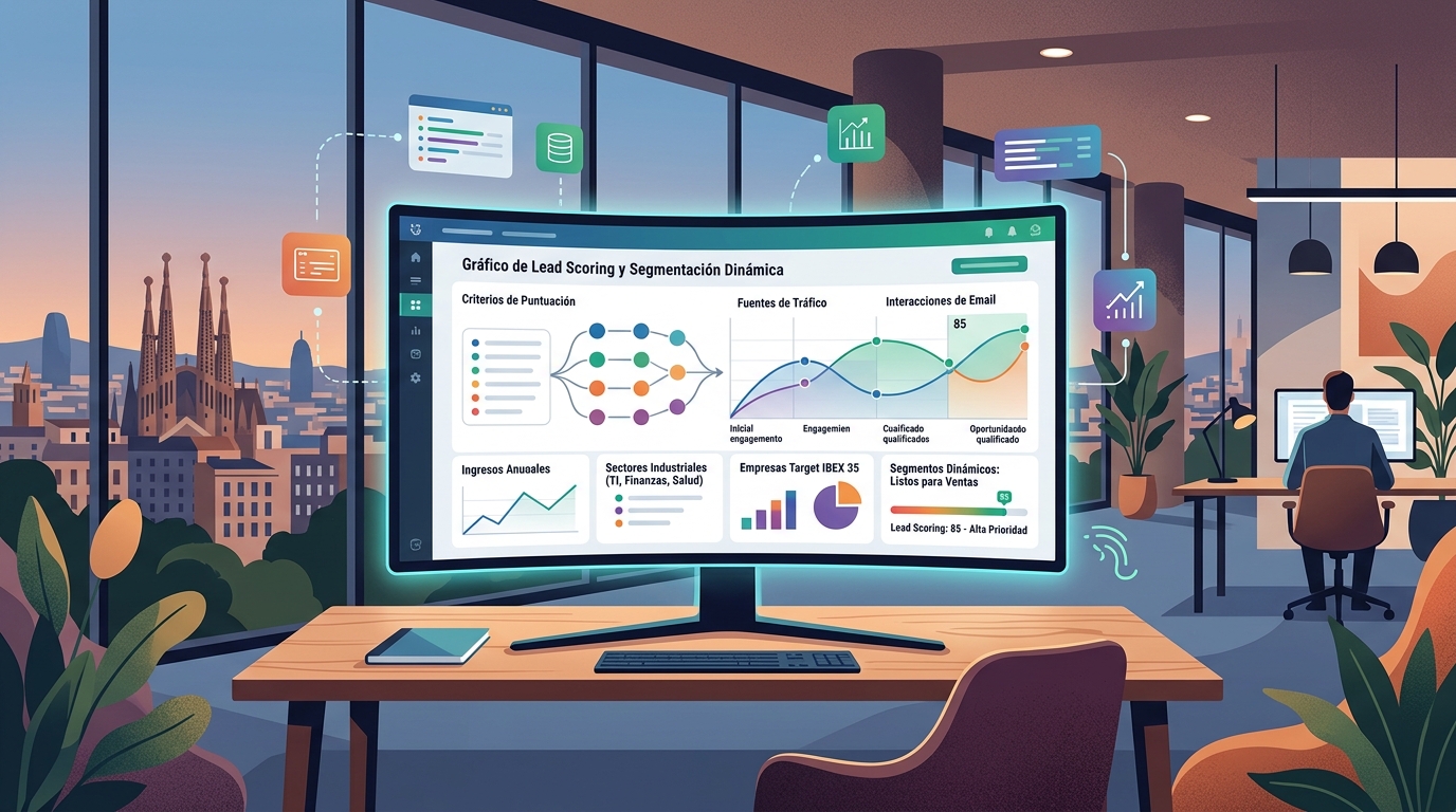 Gráfico de lead scoring y segmentación dinámica en plataforma de automatización de marketing B2B española