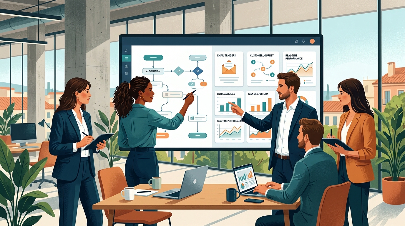 Equipo de marketing en oficina española revisando métricas de entregabilidad y flujos de automatización en pantalla