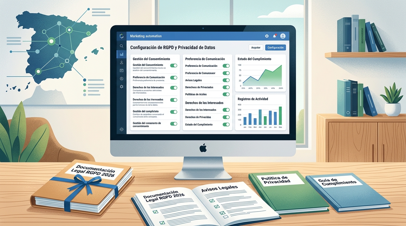 Documentación legal y pantalla de configuración de RGPD en software de automatización de marketing para empresa española