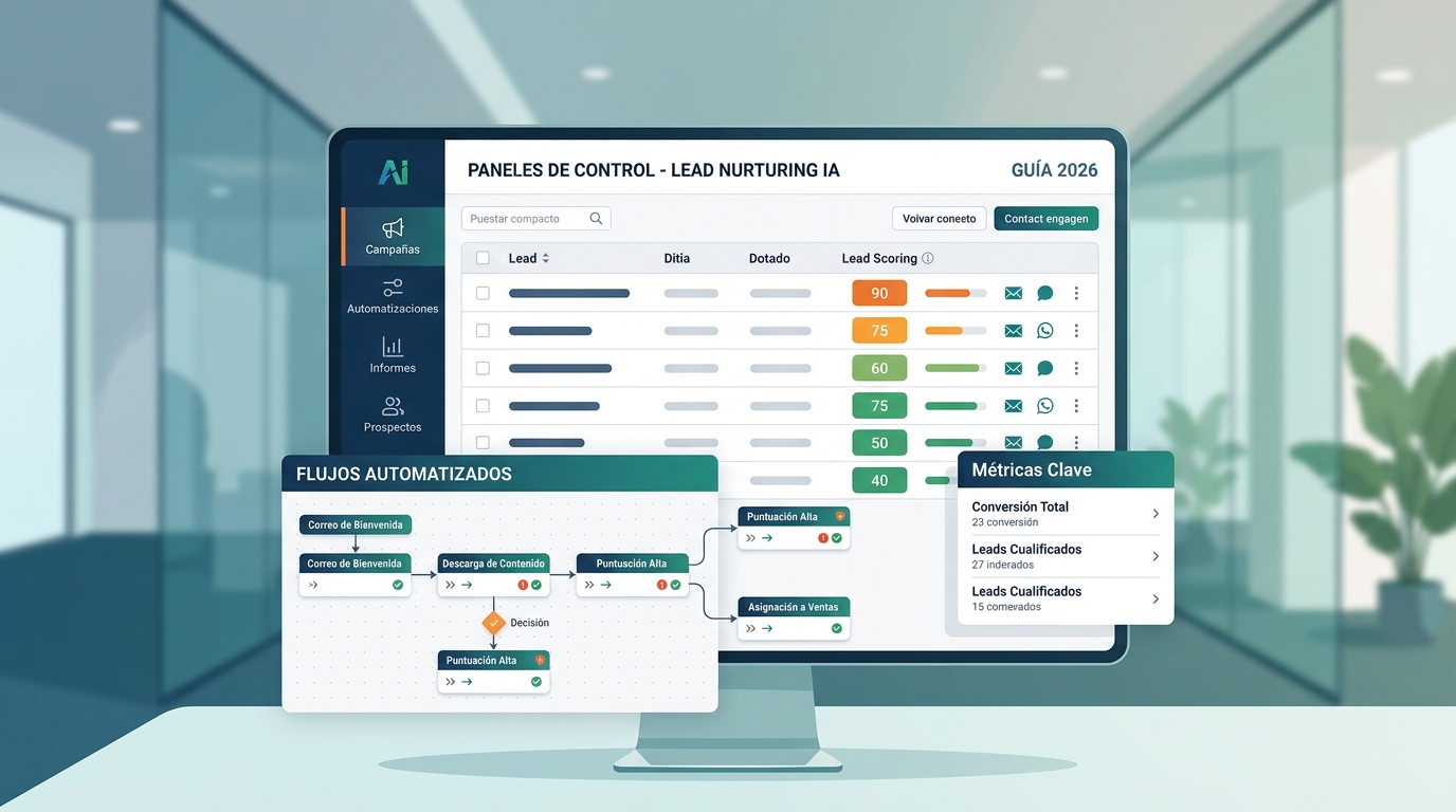 Panel de control de plataforma de nurturing leads con inteligencia artificial mostrando scoring de prospectos y flujos automatizados en interfaz SaaS B2B estilo editorial corporativo