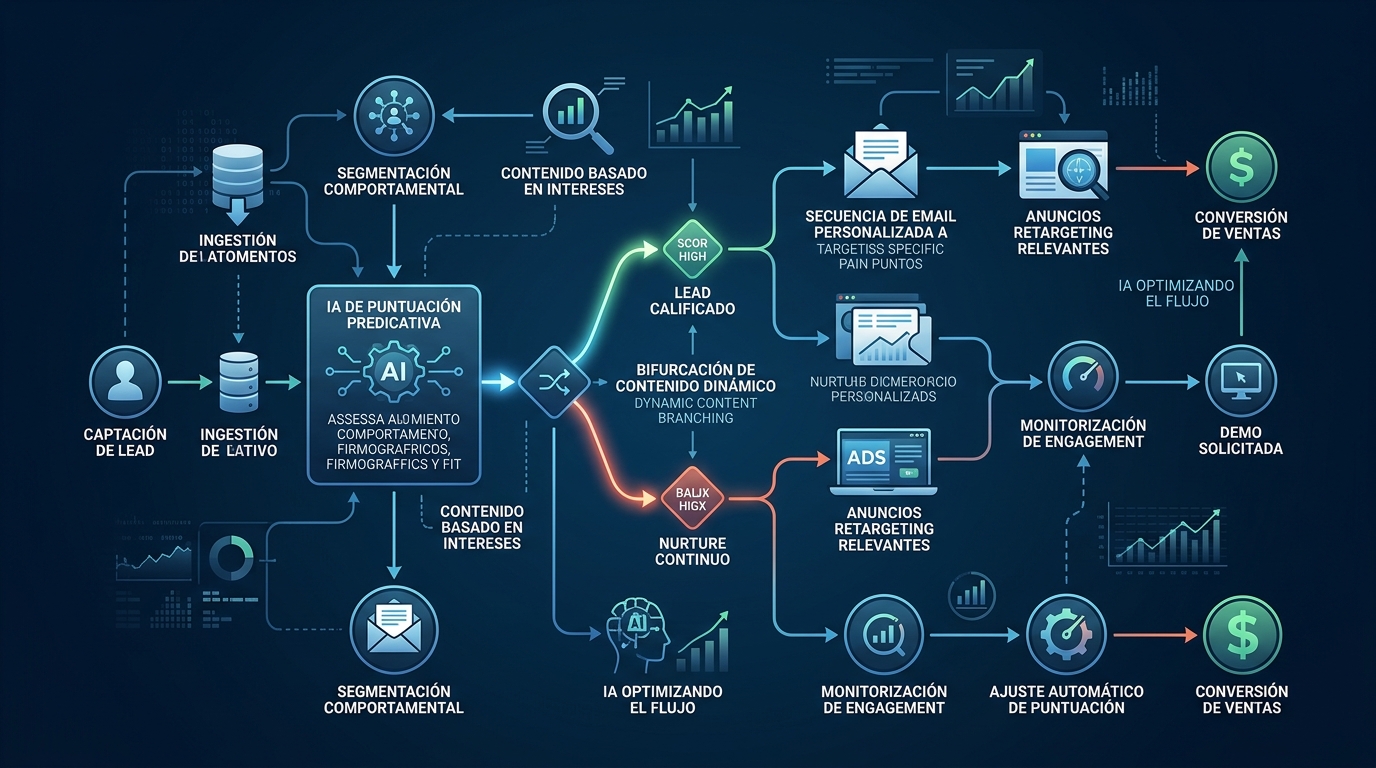 Diagrama de flujo de automatización de nurturing leads con IA mostrando scoring predictivo y bifurcaciones de contenido dinámico sobre fondo oscuro estilo infografía técnica B2B