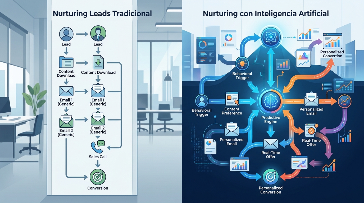 Comparativa visual nurturing leads tradicional versus nurturing con inteligencia artificial mostrando flujos lineales frente a flujos adaptativos estilo gráfico técnico editorial corporativo