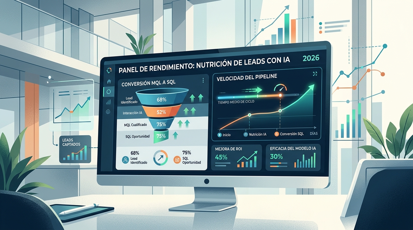 Gráfico de métricas de rendimiento nurturing leads con inteligencia artificial mostrando conversión MQL a SQL y velocidad de pipeline en dashboard analítico estilo editorial técnico moderno