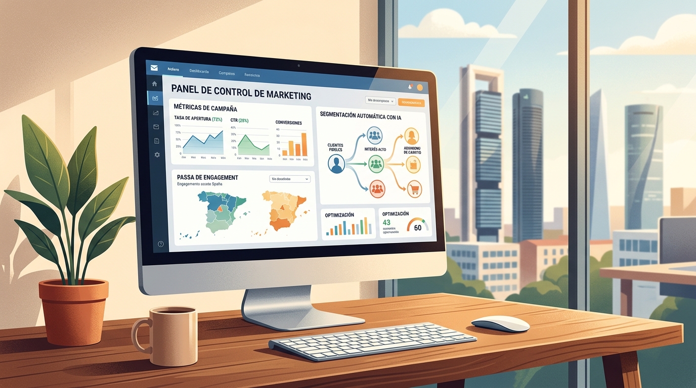 Panel de software email marketing con IA integrada mostrando métricas de campaña y segmentación automática en entorno de escritorio profesional