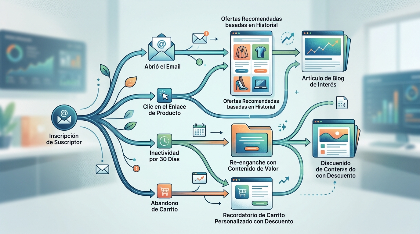 Flujo de automatización inteligente de email marketing con ramas de segmentación por comportamiento y personalización dinámica de contenidos
