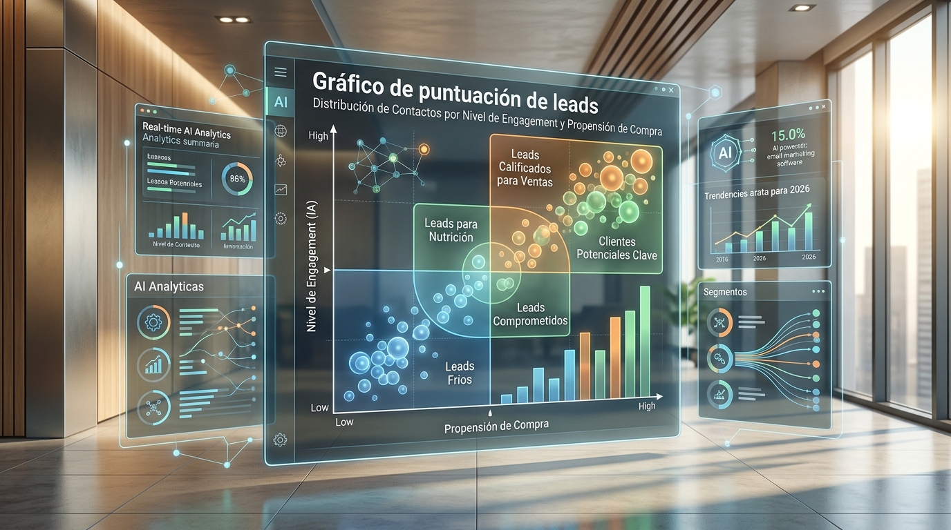 Gráfico de puntuación de leads en software de email marketing con IA mostrando distribución de contactos por nivel de engagement y propensión de compra