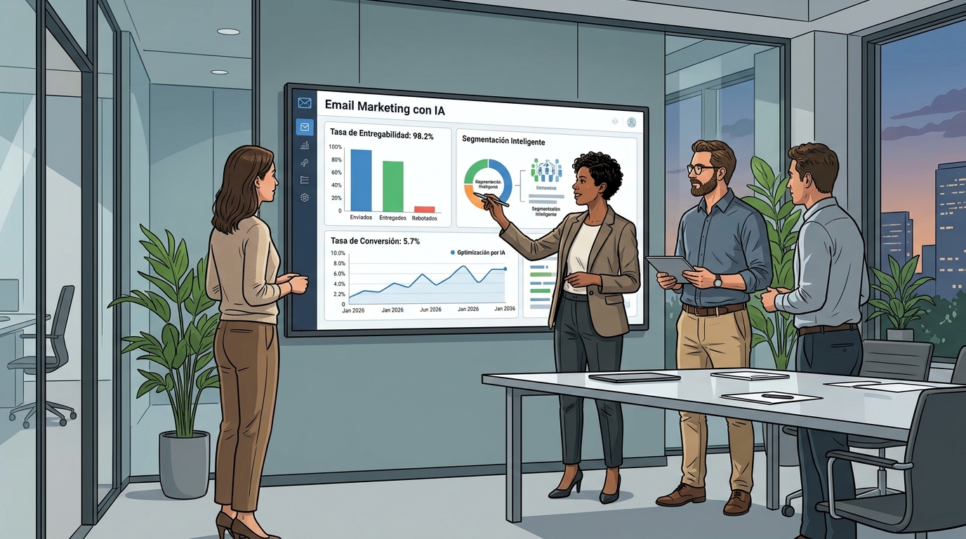 Equipo de marketing revisando métricas de campaña de email marketing con IA en pantalla grande de oficina moderna con datos de entregabilidad y conversión visibles