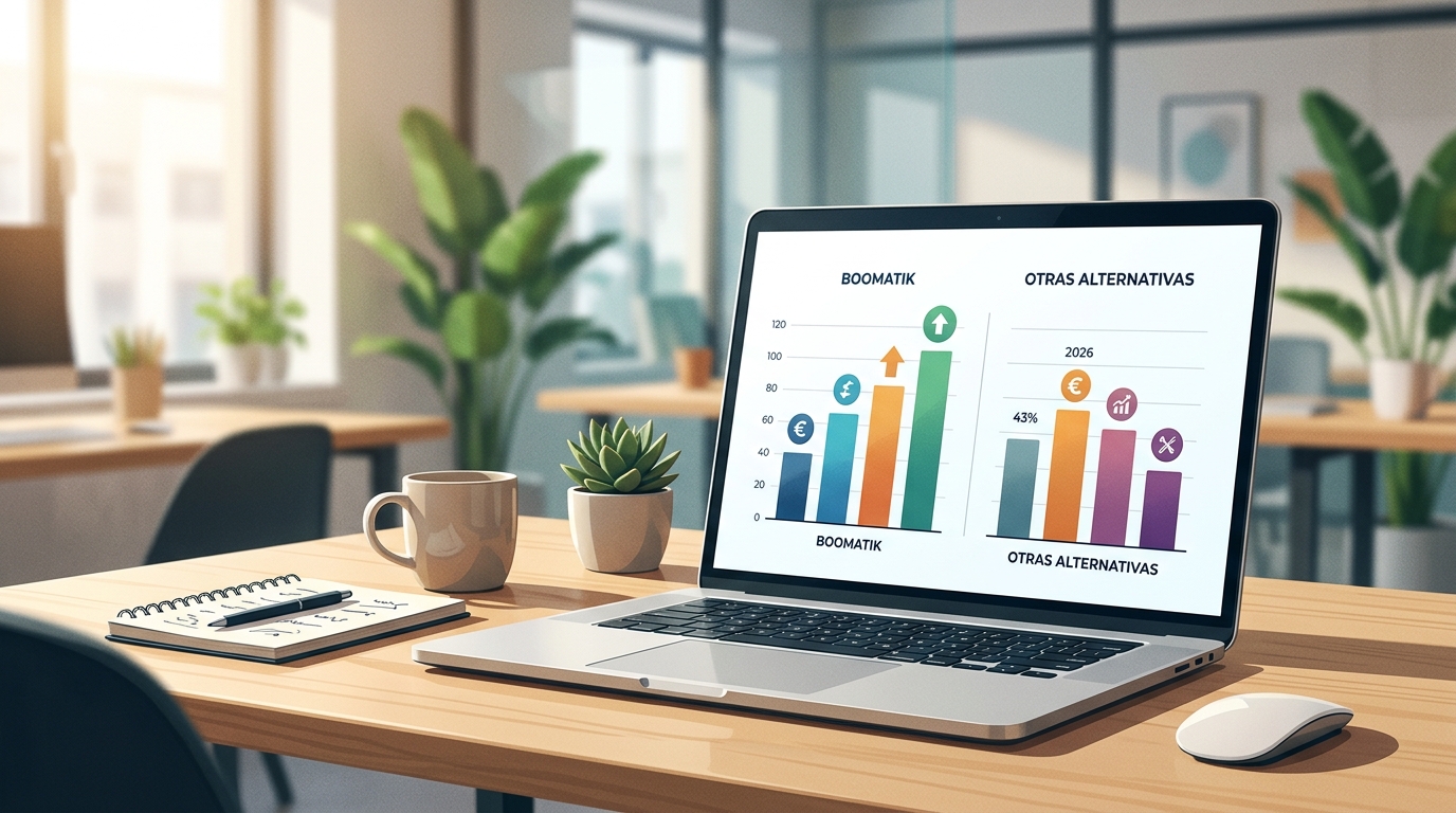 Comparativa visual de precios de plataformas de marketing digital para pymes en pantalla de ordenador portátil sobre mesa de oficina