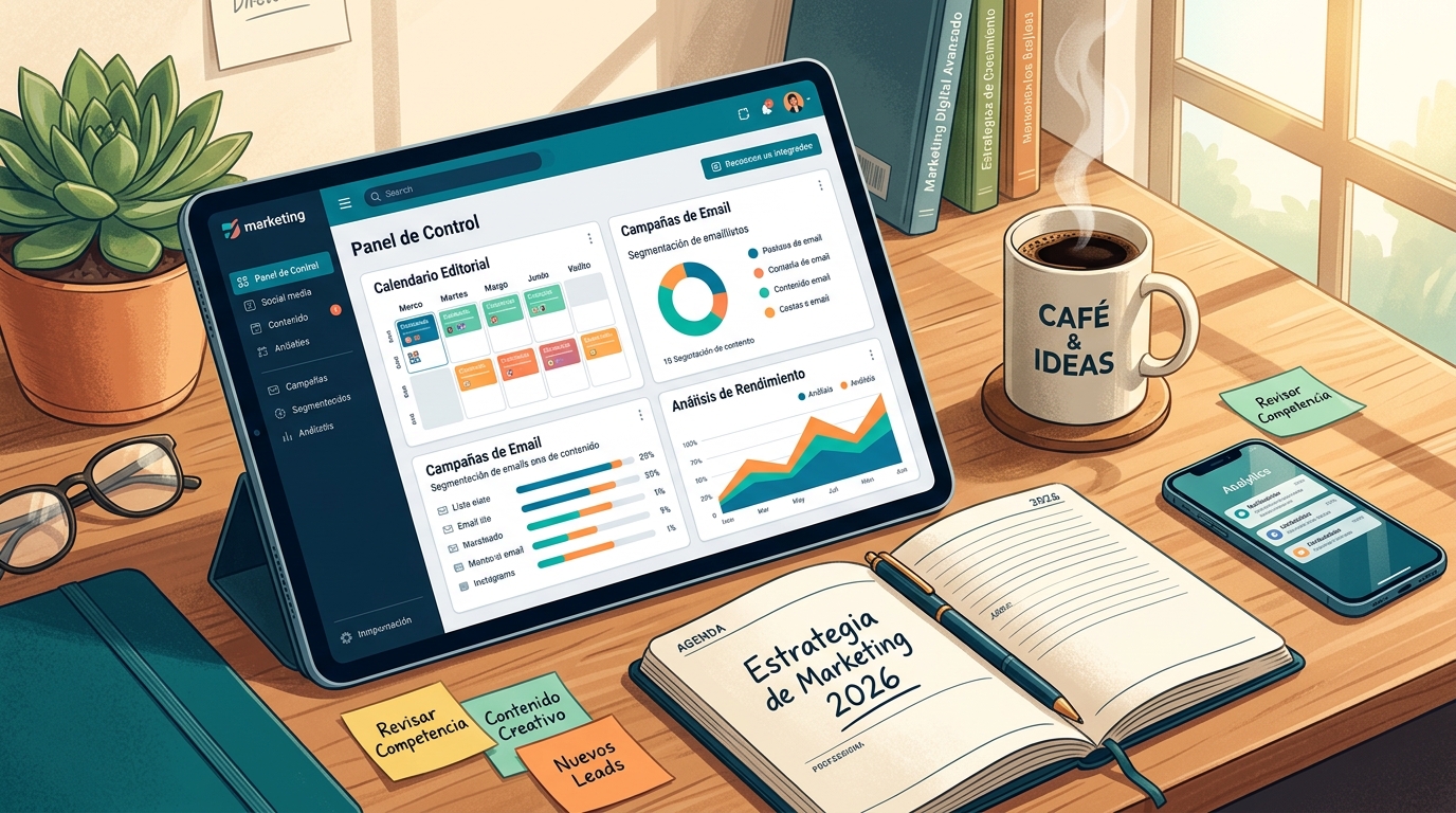 Interfaz de herramienta de gestión de redes sociales y email marketing en pantalla de tablet sobre mesa de trabajo con agenda y café