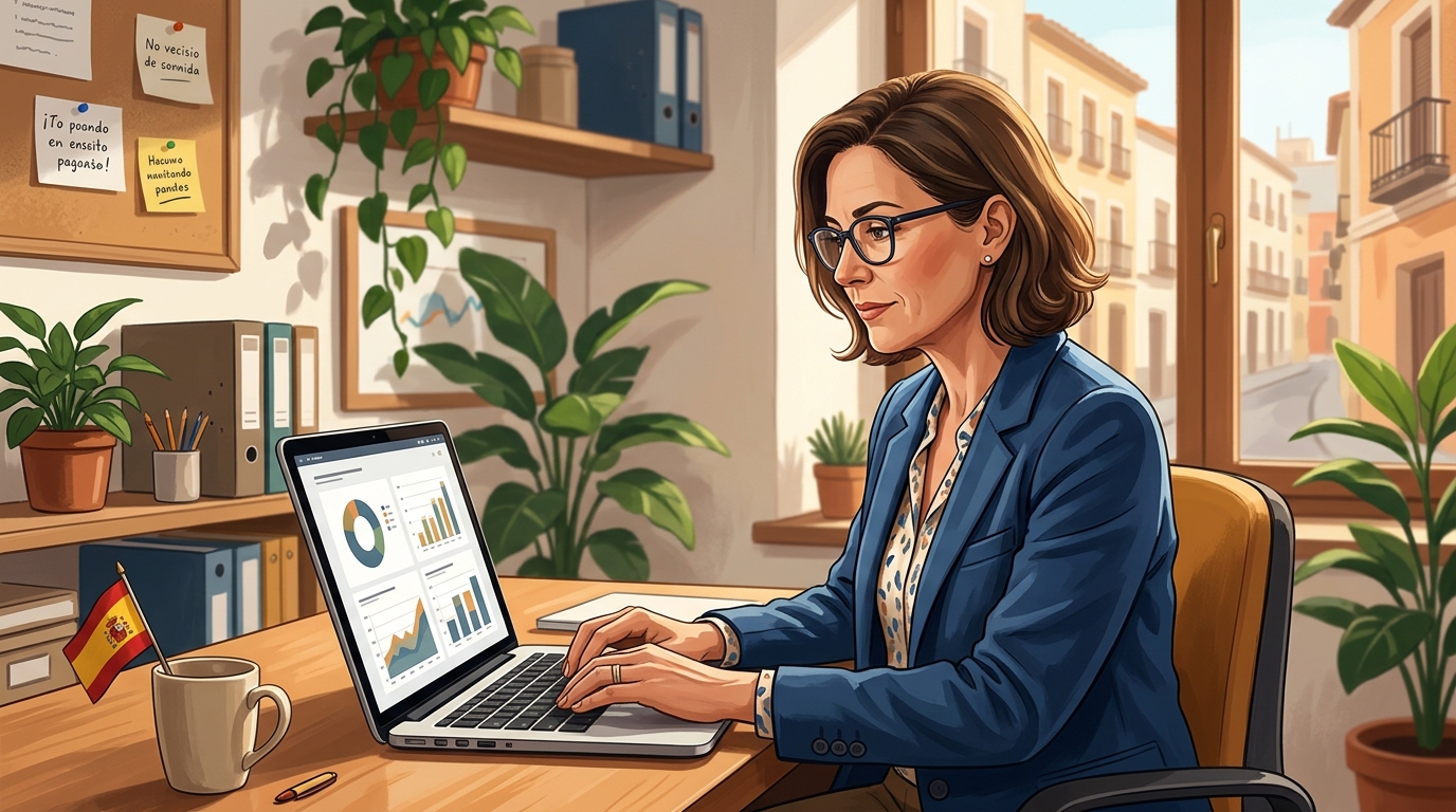 Persona de mediana edad revisando métricas de campaña de marketing digital en ordenador portátil en oficina pequeña de empresa