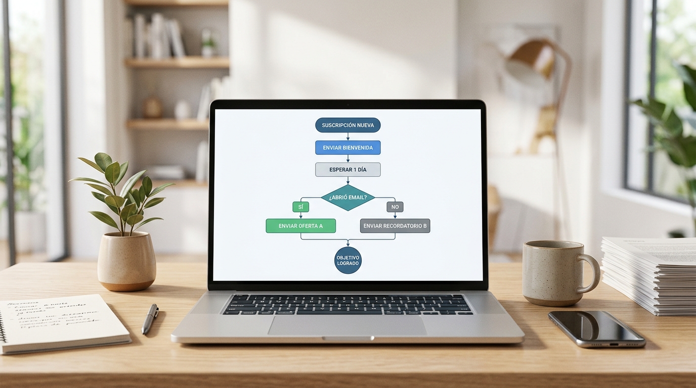 Diagrama de flujo de automatización email marketing con nodos de condición y acción sobre pantalla de ordenador en entorno de trabajo editorial