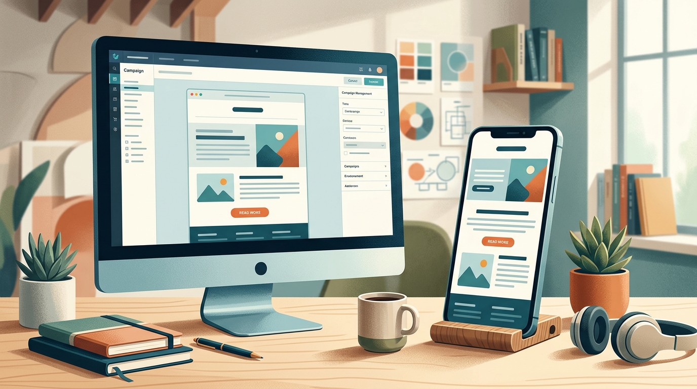 Diseñador de contenidos revisando plantilla de email marketing responsive en monitor y móvil simultáneamente en espacio de trabajo creativo estilo editorial