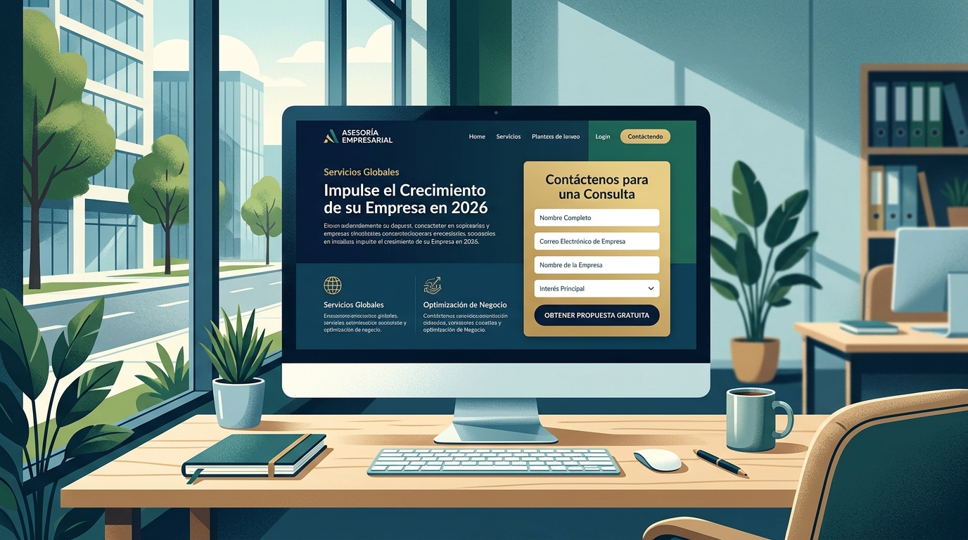 Pantalla de ordenador mostrando el diseño de una landing page profesional con formulario de captación y CTA visible en entorno de oficina moderna
