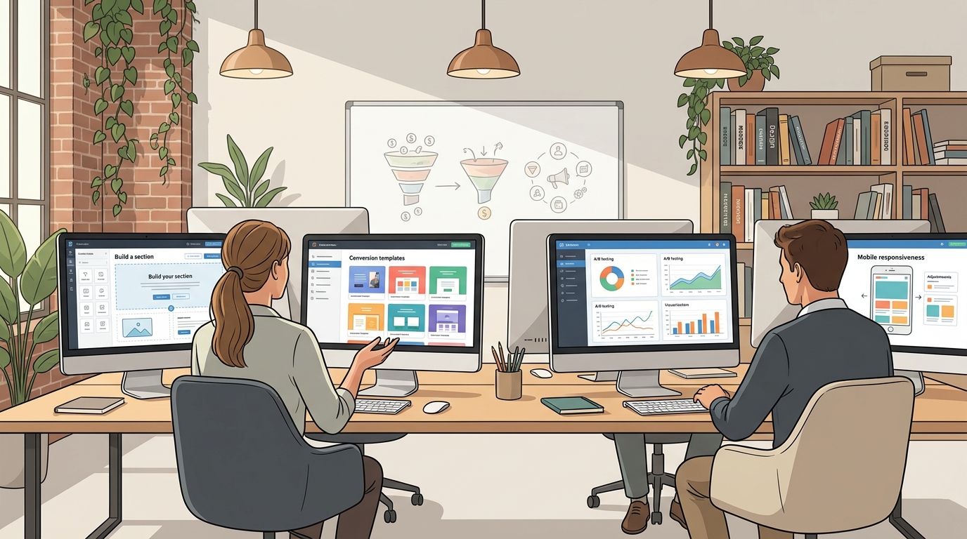 Comparativa de interfaces de herramientas de creación de landing pages profesionales en múltiples pantallas de ordenador en estudio de marketing digital