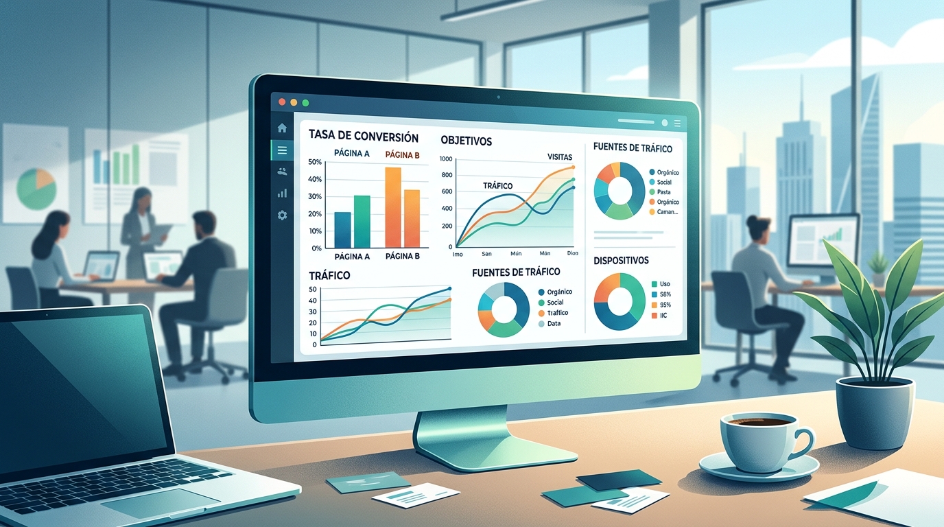 Gráfico de análisis de tasa de conversión de landing page profesional con resultados de test A-B en pantalla de analítica web