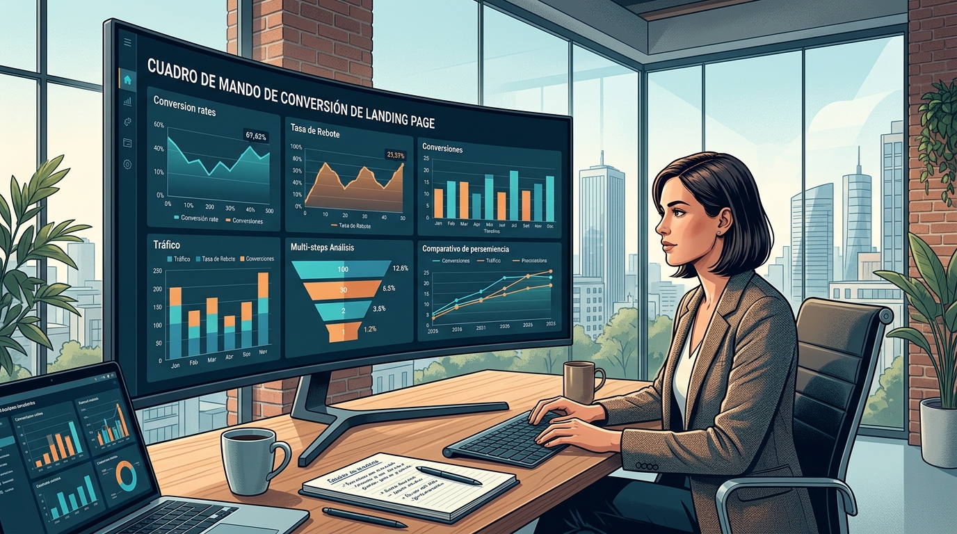 Analista de marketing revisando métricas de conversión de landing page profesional en dashboard de analítica web con gráficos de rendimiento en pantalla grande