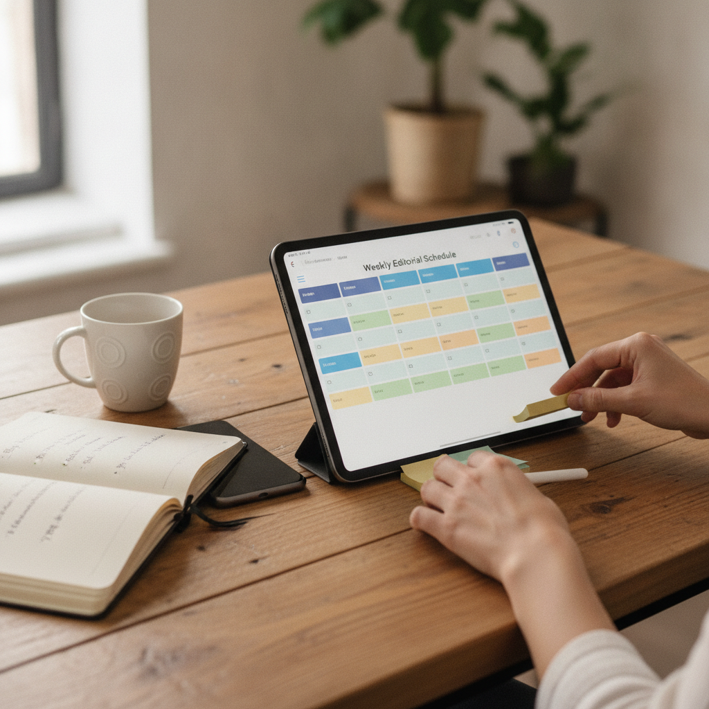 Calendario editorial de contenido para redes sociales de una pyme organizado en una tablet sobre el escritorio