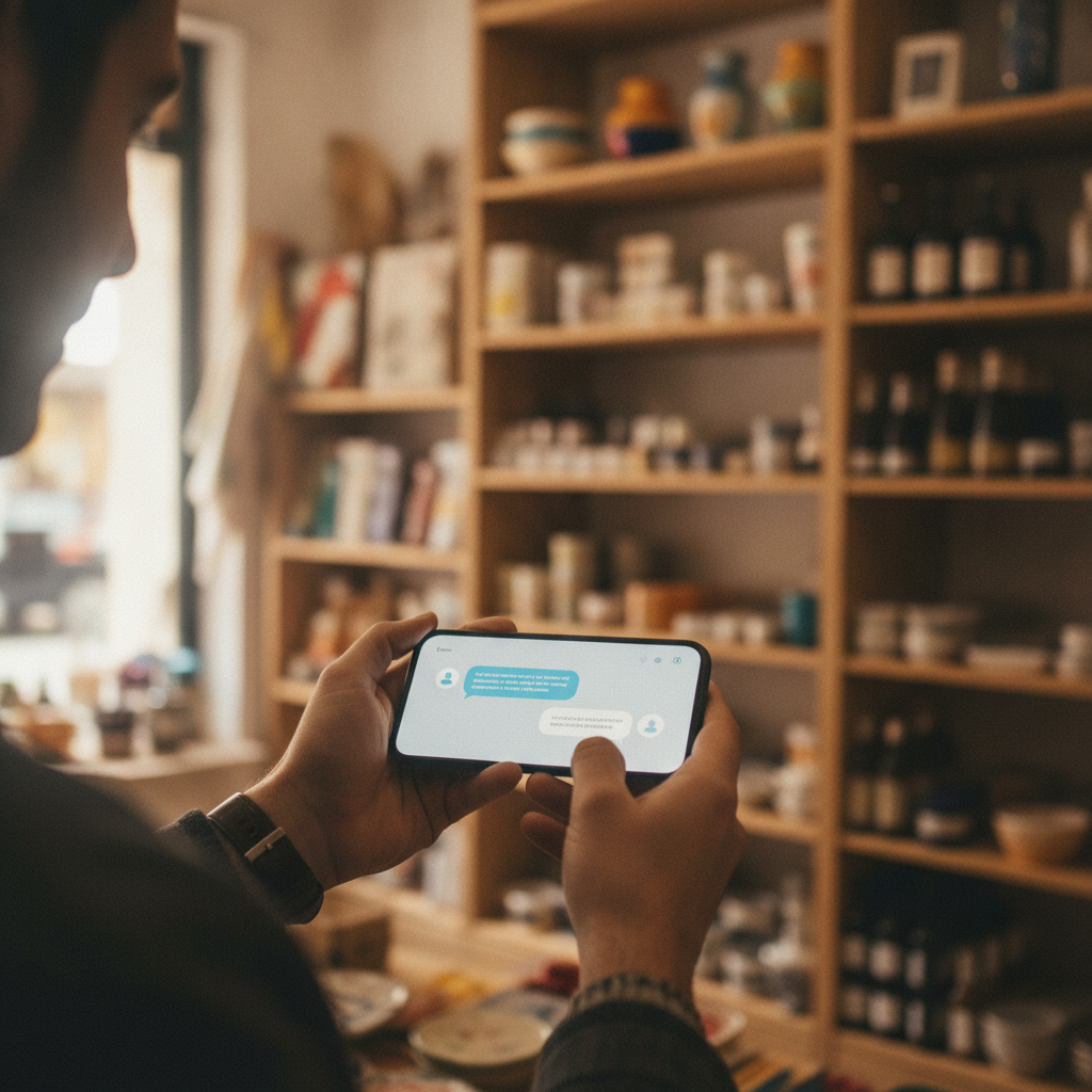 Cliente a consultar um assistente de IA no telemóvel para posicionar uma loja no ChatGPT