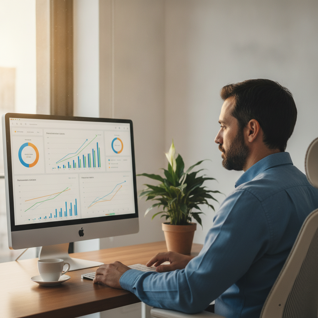 Gerente de PME a rever a evolução do seu posicionamento SEO local num painel de resultados