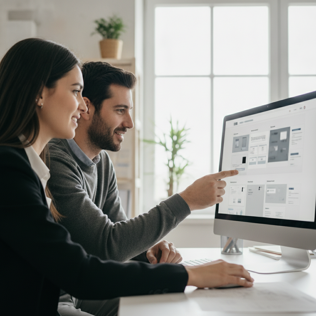 Dois profissionais de uma PME a otimizar o conteúdo web para aparecer nas respostas do ChatGPT