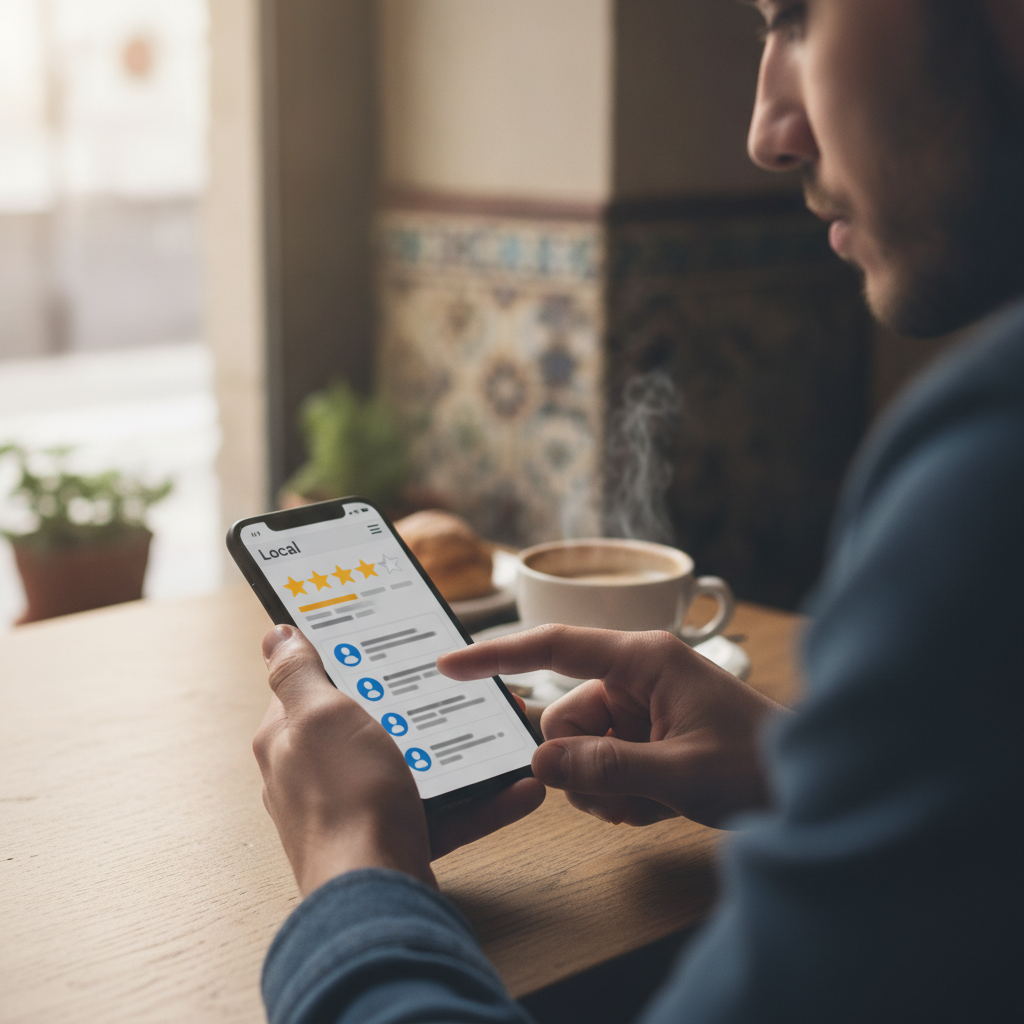 Cliente a consultar no telemóvel as avaliações e estrelas de um negócio local antes de decidir a compra