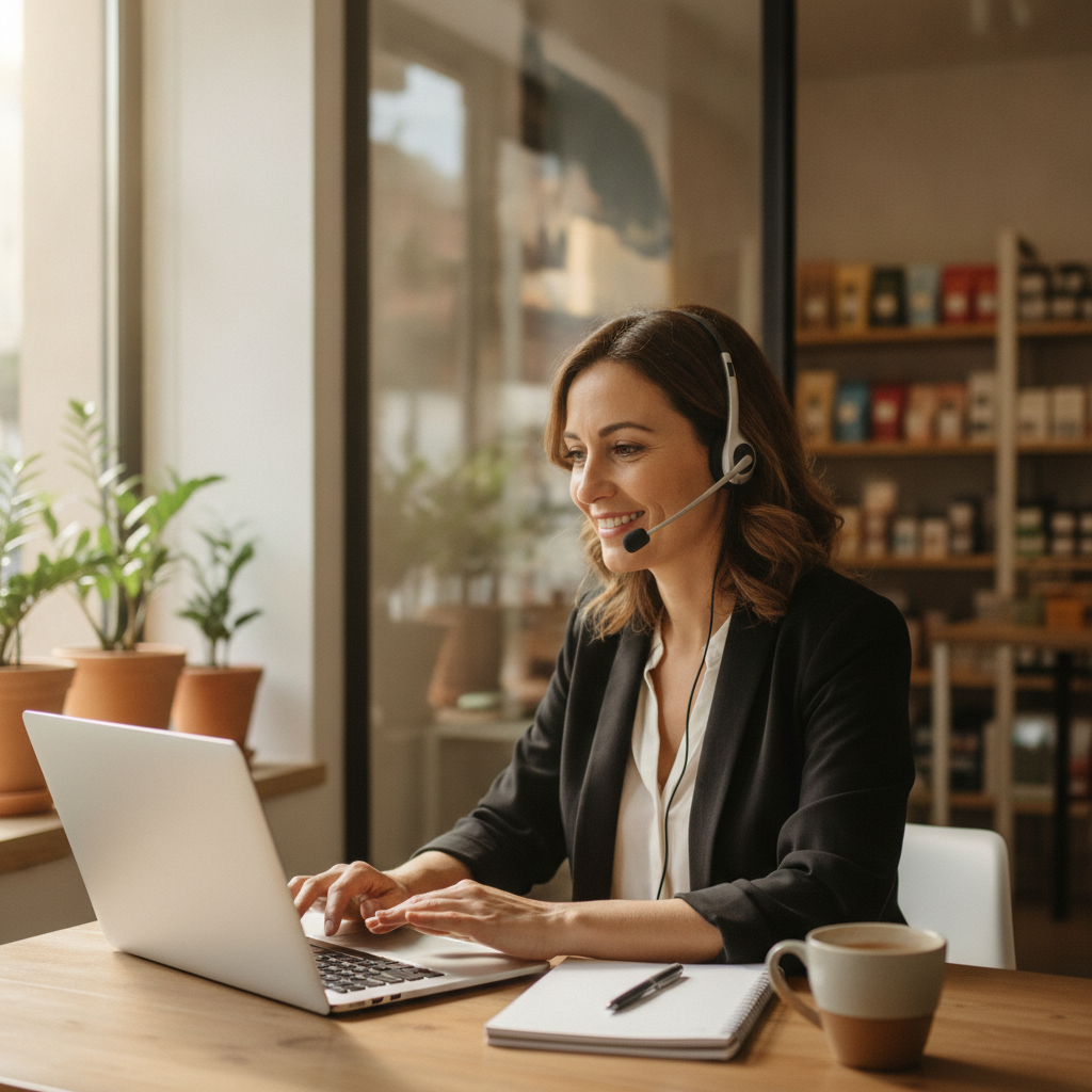 Funcionária de uma PME a responder calmamente às opiniões e comentários de clientes para cuidar da sua reputação online