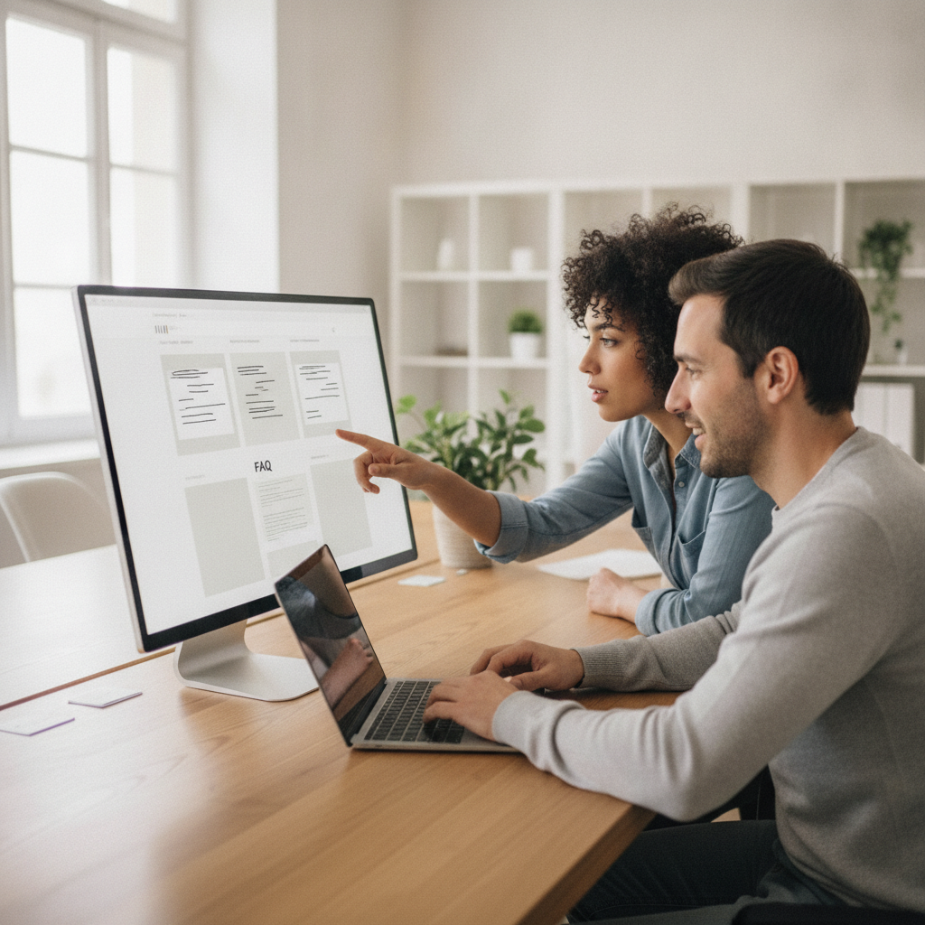 Dois profissionais de uma PME a otimizar a estrutura e o conteúdo web para melhorar o seu SEO