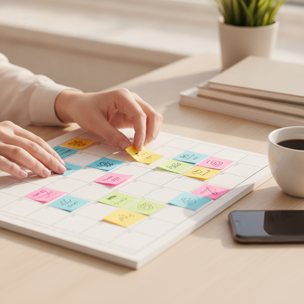 Persona organizando un calendario de contenidos semanal con notas de colores para planificar publicaciones en redes