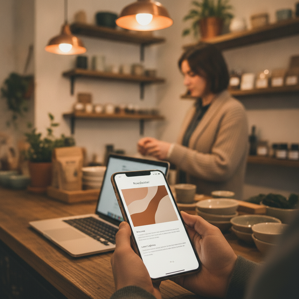 Cliente di una PMI che legge una newsletter di email marketing sul cellulare accanto a un portatile